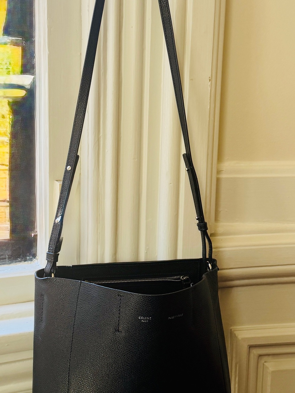 Celine Black Pebbled Leather Shoulder Tote with Adjustable Strap